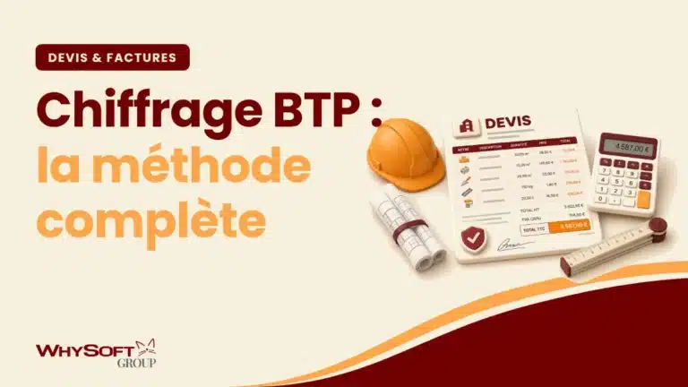 Chiffrage BTP : la méthode complète — devis détaillé, casque de chantier, plans roulés et calculatrice