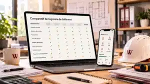 Tableau comparatif de logiciels de gestion bâtiment affiché sur un ordinateur portable, avec application mobile de suivi de chantier