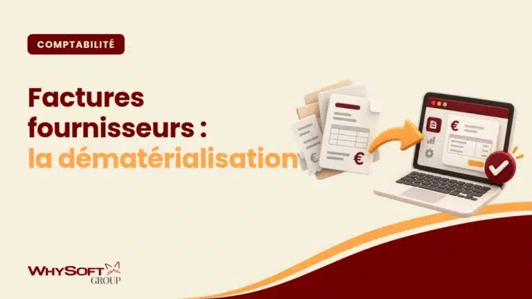 Dématérialisation des factures fournisseurs — pile de factures papier devenant un écran de validation