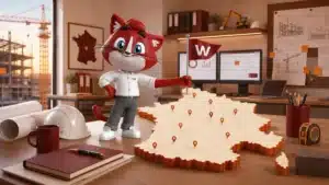 Mascotte WhySoft plantant un fanion W sur une carte de France — éditeur français de logiciels de gestion pour les PME du BTP