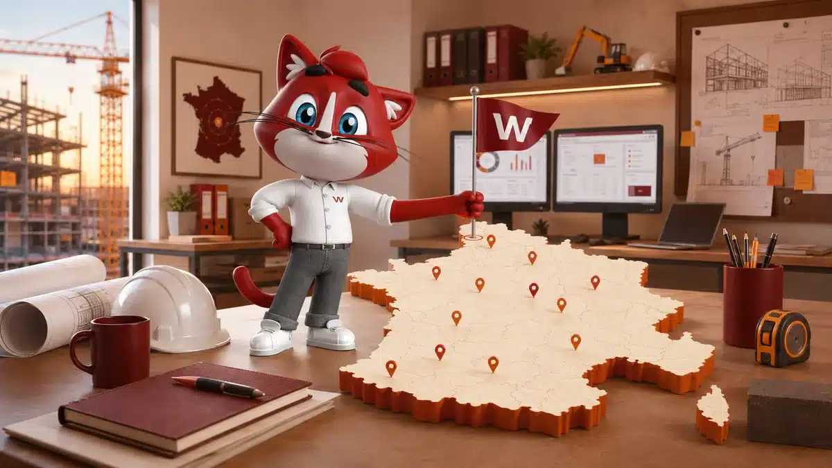 Mascotte WhySoft plantant un fanion W sur une carte de France — éditeur français de logiciels de gestion pour les PME du BTP