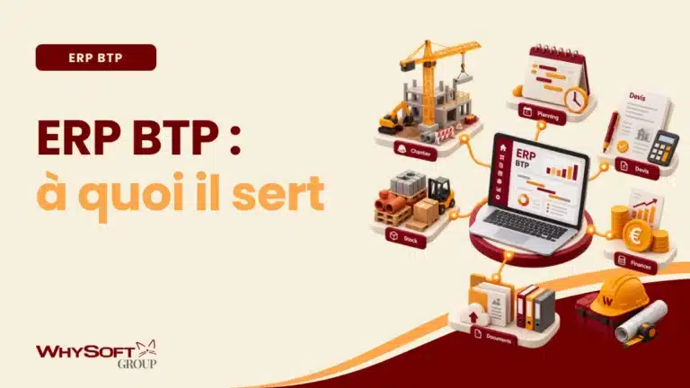 ERP BTP : définition et spécificités métier — casque de chantier et modules logiciels empilés