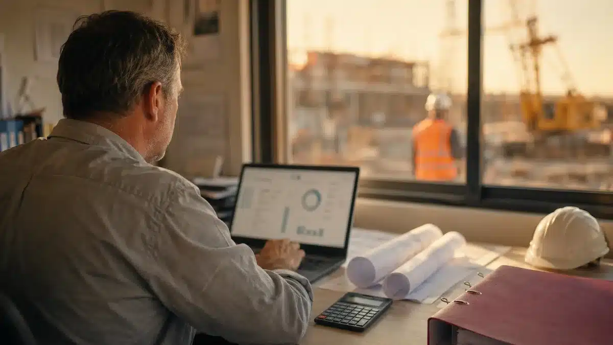 Conducteur de travaux d'une PME du bâtiment préparant une facture de situation électronique face à son chantier