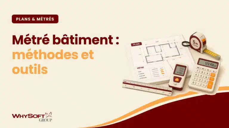 Métré bâtiment : la méthode pour mesurer juste — mètre ruban déroulé sur un plan de chantier