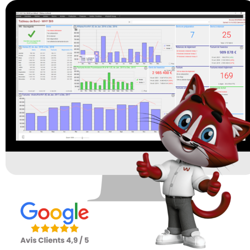 Logiciel ERP pour PME – Pilotage complet avec un tableau de bord intuitif Mascotte posant à côté du tableau de bord d’un logiciel ERP avec un score client de 4,9 sur Google